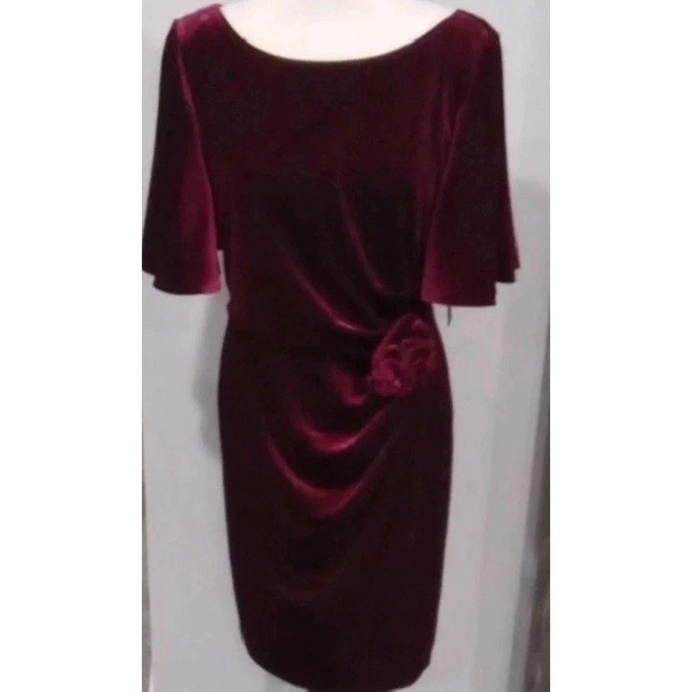 New Jessica‎ Howard Burgundy Velvet Midi Dress Rosette Embelishment For 8P